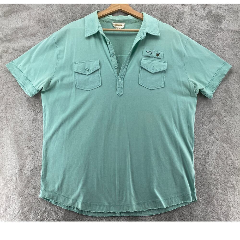 Diesel Only The Brave Mint Green Polo Shirt XXXL Y2K Utility Pocket Cotton Top - Picture 2 of 7